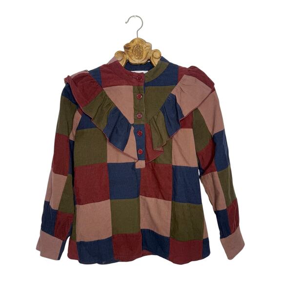 Antik Batik Top Lamo Burgundy Patchwork Colorblock Ruffle Corduroy Shirt M 40 - Picture 1 of 10